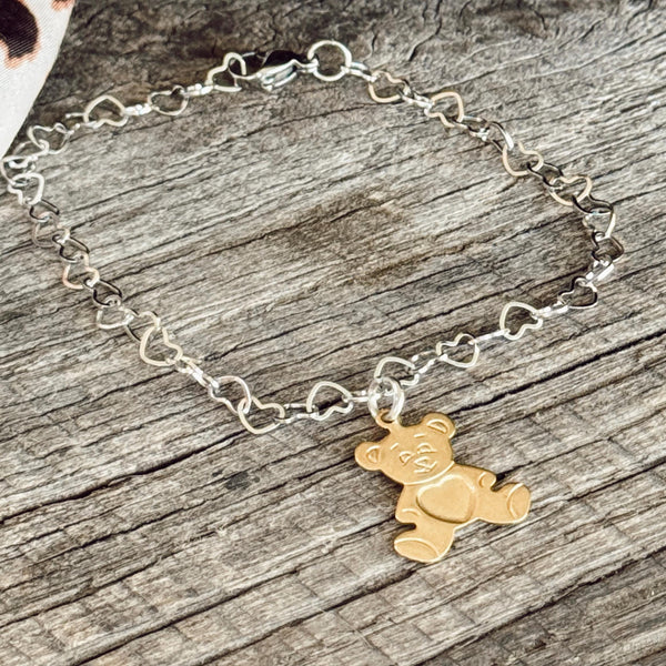 Stainless Steel Heart Bracelet with Brass Teddy Bear Charm
