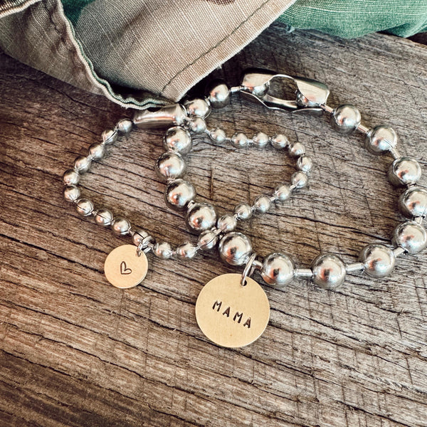 Ball Chain Bracelet Set with a Hand Stamped MAMA Coin Tag + Heart Tag