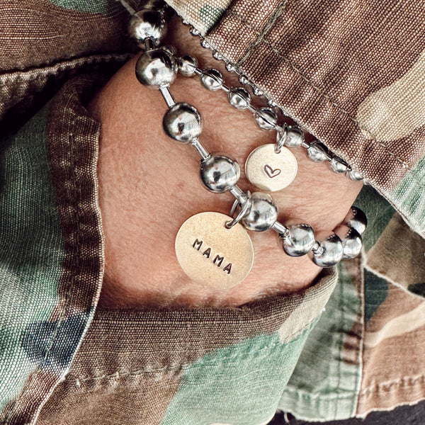 Ball Chain Bracelet Set with a Hand Stamped MAMA Coin Tag + Heart Tag