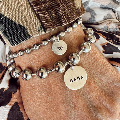 Ball Chain Bracelet Set with a Hand Stamped MAMA Coin Tag + Heart Tag