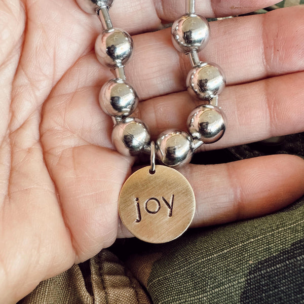Chunky Stainless Steel Bracelet with brass hand stamped JOY tag