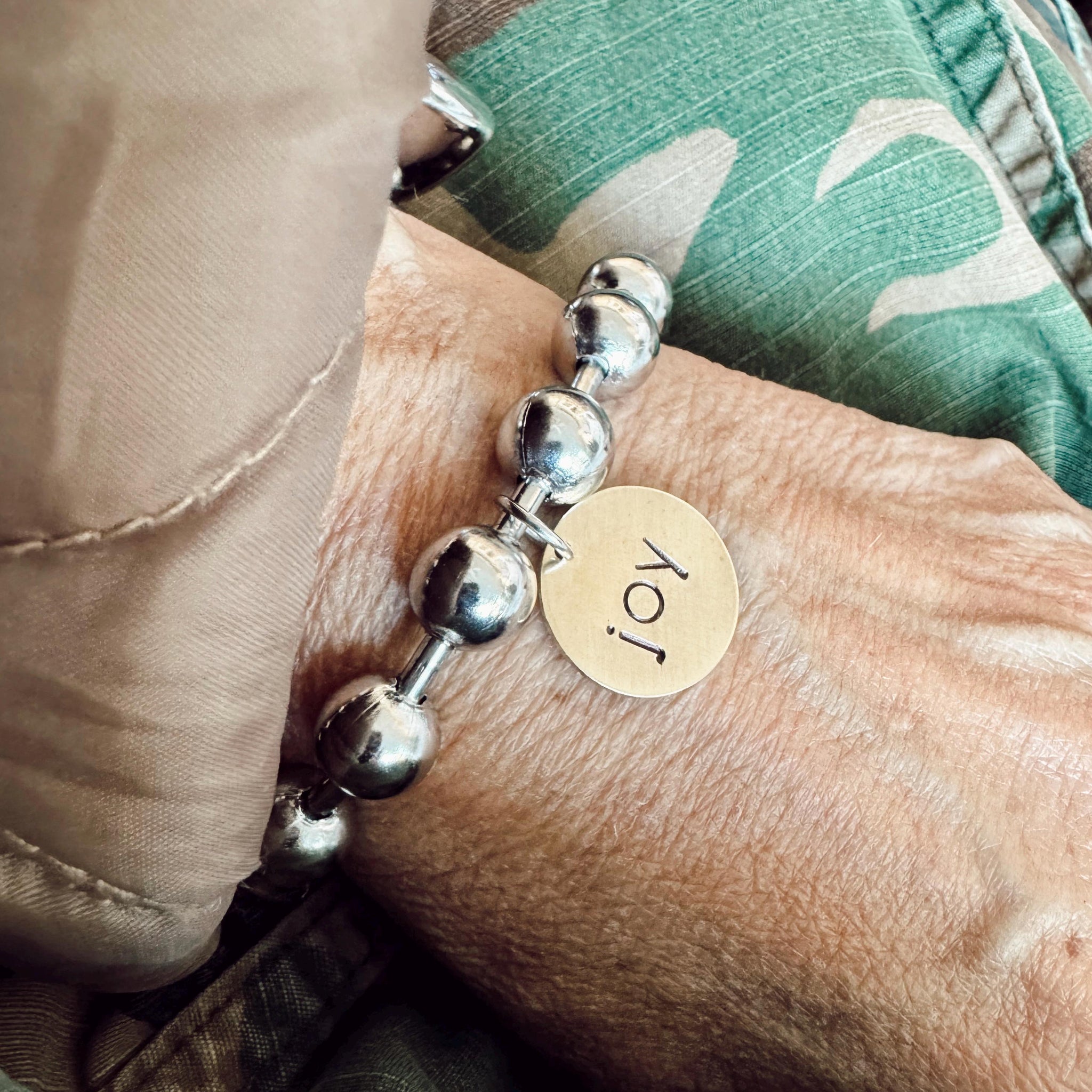 Chunky Stainless Steel Bracelet with brass hand stamped JOY tag