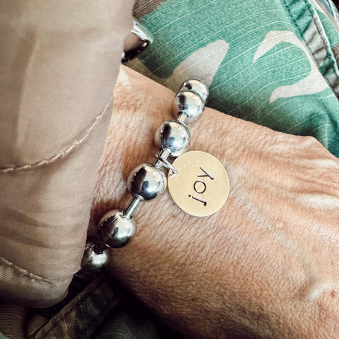 Chunky Stainless Steel Bracelet with brass hand stamped JOY tag