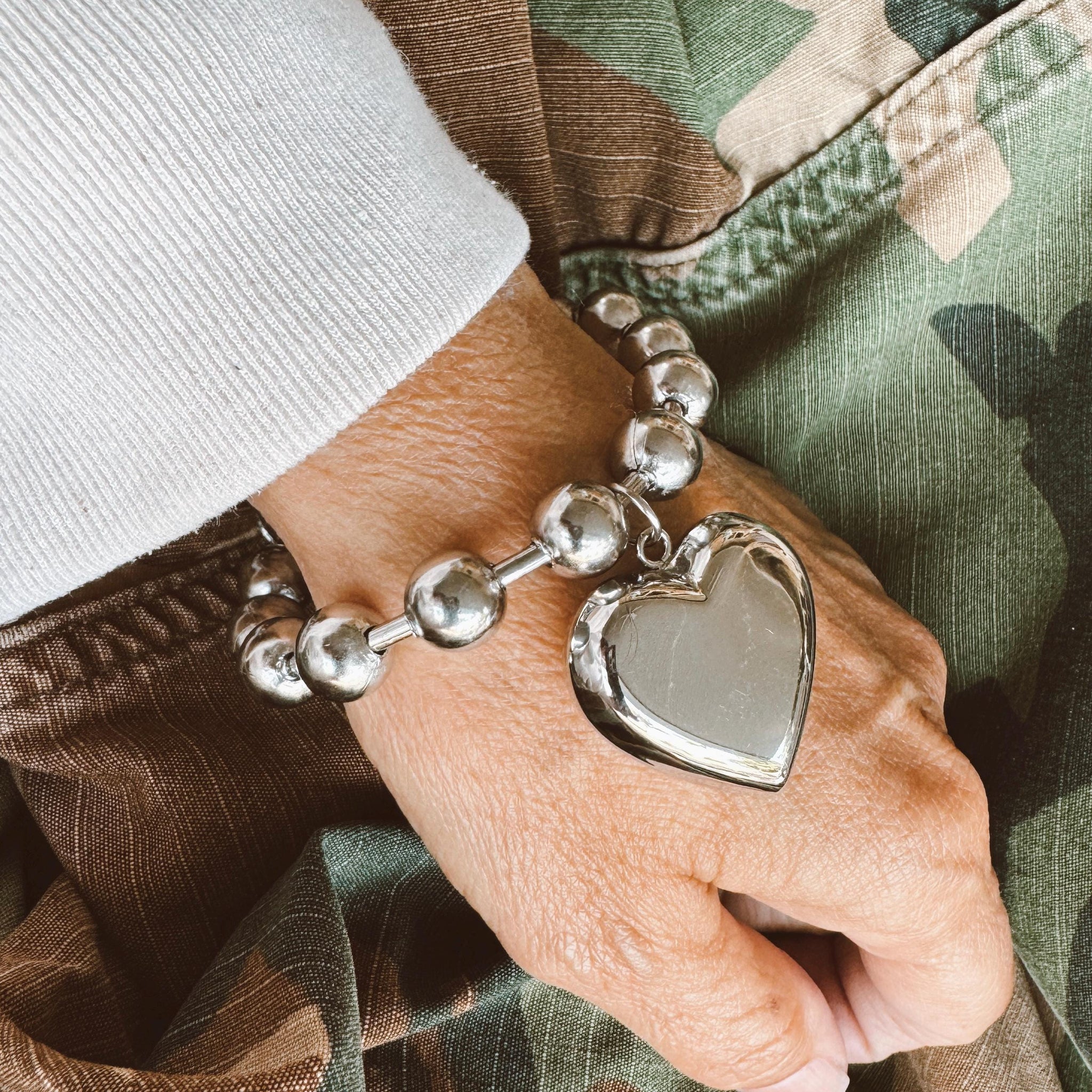 Stainless Steel Chunky Bead Chain Bracelet with Large Heart Tag