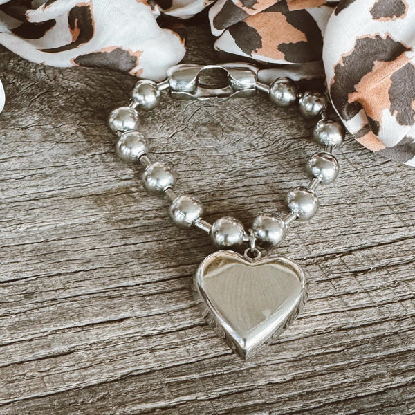 Stainless Steel Chunky Bead Chain Bracelet with Large Heart Tag