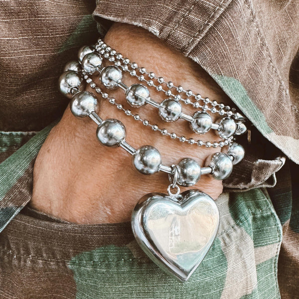 Stainless Steel Chunky Bead Chain Bracelet with Large Heart Tag