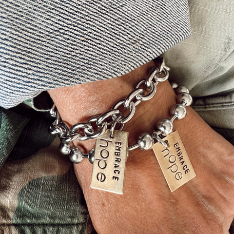 New Hand Stamped Brass Rectangle Tag Embrace HOPE - Stainless Steel Ball / Bead Chain - Open Link Chain - Best Gift - Unique Gift - Custom