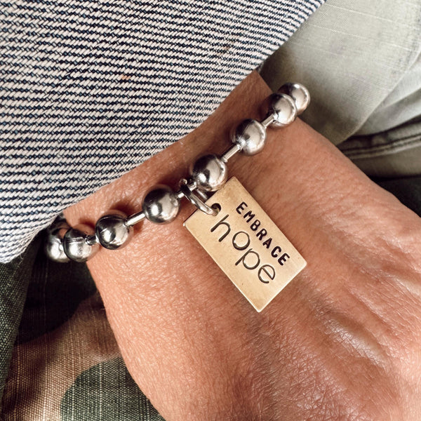 New Hand Stamped Brass Rectangle Tag Embrace HOPE - Stainless Steel Ball / Bead Chain - Open Link Chain - Best Gift - Unique Gift - Custom