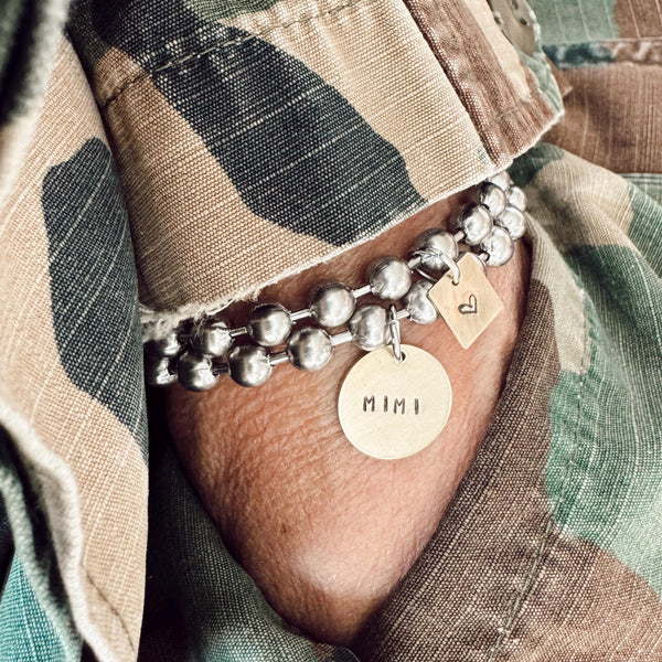Chunky Stainless Steel Ball Chain Bracelet Set with a Hand Stamped Coin Tag and Heart Tag