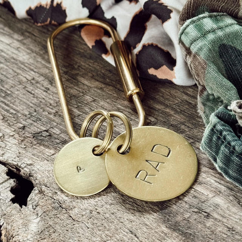 Hand Stamped Brass Circle Key Tags and Carabiner