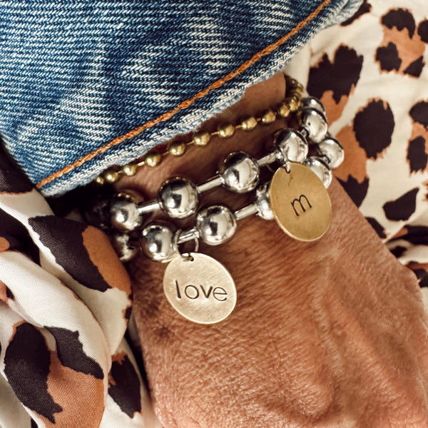 Chunky Stainless Steel Bracelet with brass hand stamped love tag