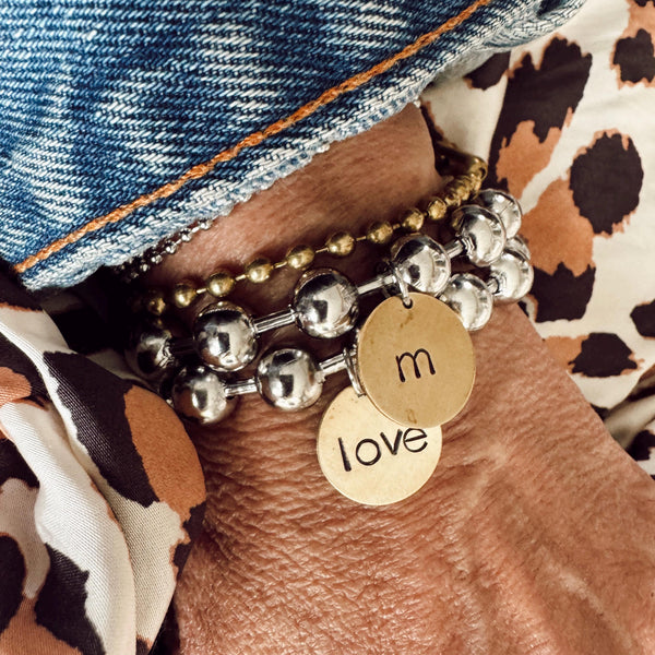 Chunky Stainless Steel Bracelet with brass hand stamped love tag