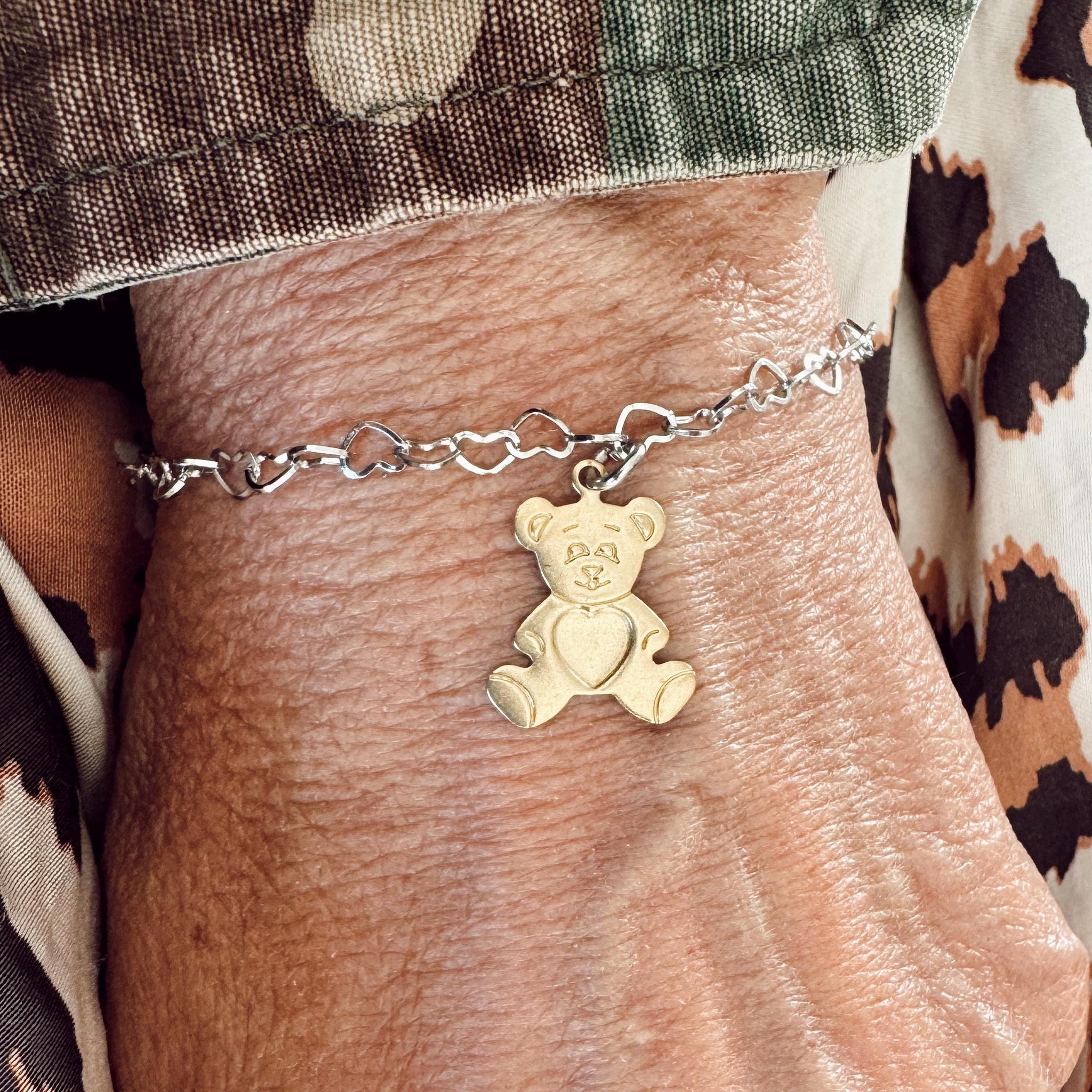Stainless Steel Heart Bracelet with Brass Teddy Bear Charm