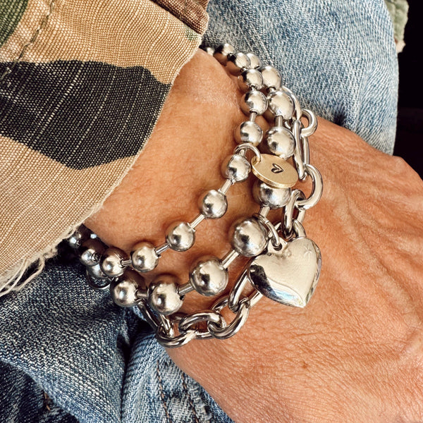 Stainless Steel Chunky Ball Chain Bracelet with Stainless Steel Puffy Heart Charm