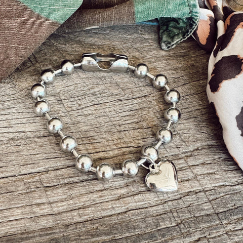 Stainless Steel Chunky Ball Chain Bracelet with Stainless Steel Puffy Heart Charm