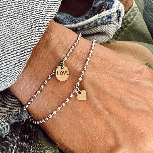 Hand Stamped LOVE Bracelet + Brass Heart Bracelet