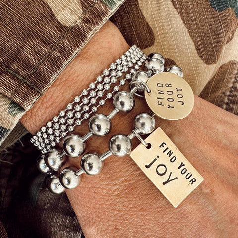 Hand Stamped Brass Rectangle Tag or Circle Tag- Stainless Steel Polished Chunky Ball Chain - Find Your JOY