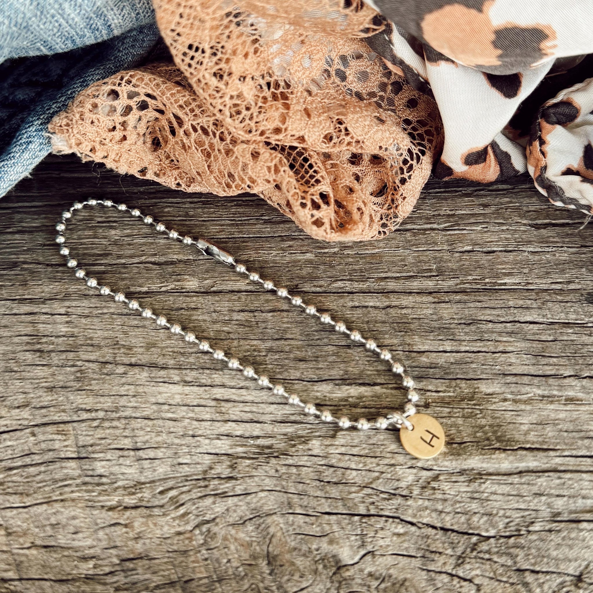 Tiny Stainless Steel Ball / Bead Chain Bracelet - with a Mini Brass Hand Stamped Initial Tag - Mothers Day Gift - Easy Wear - Custom