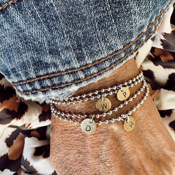 Tiny Stainless Steel Ball / Bead Chain Bracelet - with a Mini Brass Hand Stamped Initial Tag - Mothers Day Gift - Easy Wear - Custom
