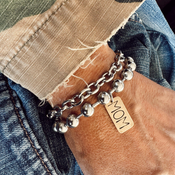 Hand Stamped MOM Brass Rectangle Tag Bracelet