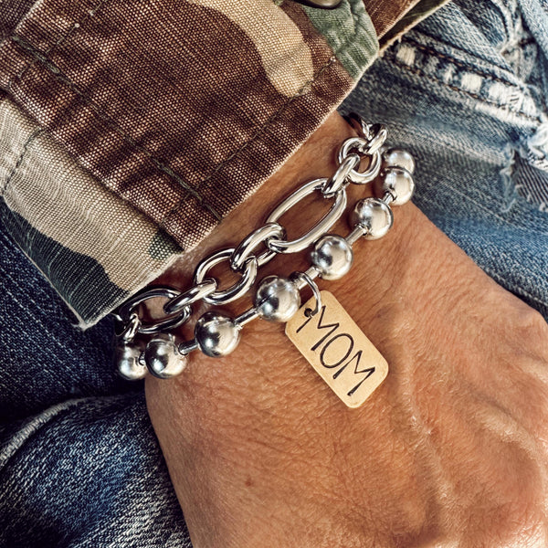 Hand Stamped MOM Brass Rectangle Tag Bracelet