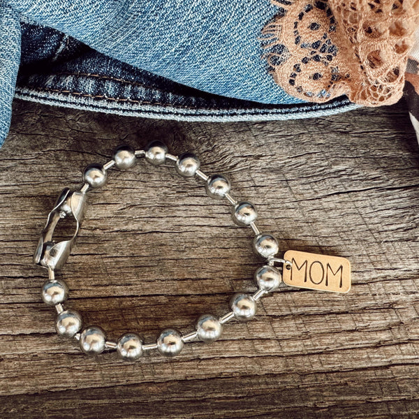 Hand Stamped MOM Brass Rectangle Tag Bracelet