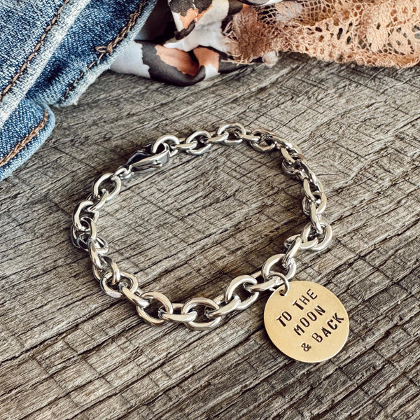 Hand Stamped To The Moon and Back Open link Bracelet