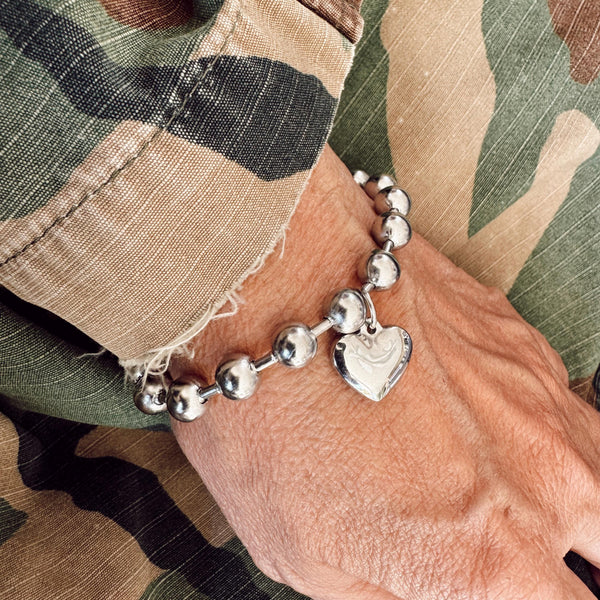 Stainless Steel Chunky Ball Chain Bracelet with Stainless Steel Puffy Heart Charm