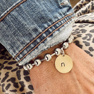 Polished Stainless Steel Ball Chain Bracelet with a Hand Stamped Lower Case Initial Coin Brass Charm
