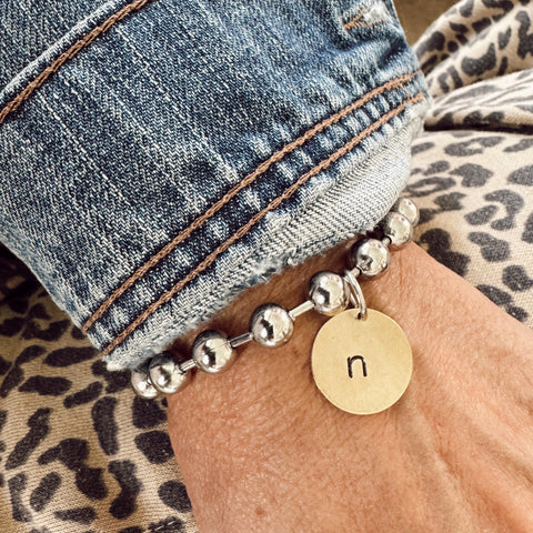 Polished Stainless Steel Ball Chain Bracelet with a Hand Stamped Lower Case Initial Coin Brass Charm