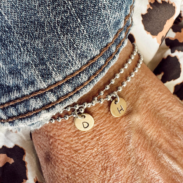 Tiny Stainless Steel Ball / Bead Chain Bracelet - with a Mini Brass Hand Stamped Initial Tag - Mothers Day Gift - Easy Wear - Custom