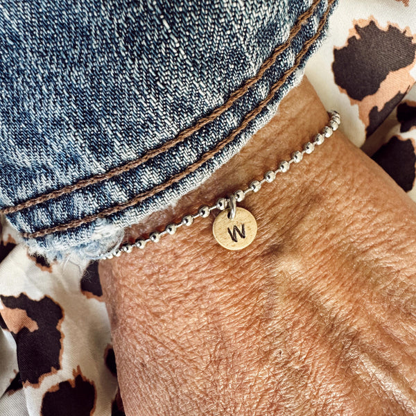 Tiny Stainless Steel Ball / Bead Chain Bracelet - with a Mini Brass Hand Stamped Initial Tag - Mothers Day Gift - Easy Wear - Custom