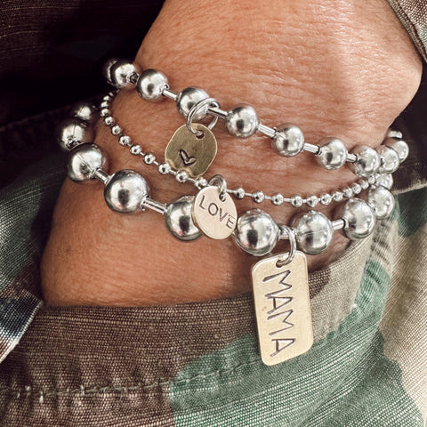 Mixed Metal Trio- Stainless Steel and Brass Hand Stamped Set - Mama Tag + Heart Tag + LOVE Tag