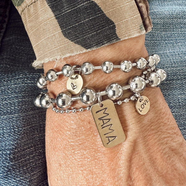 Mixed Metal Trio- Stainless Steel and Brass Hand Stamped Set - Mama Tag + Heart Tag + LOVE Tag