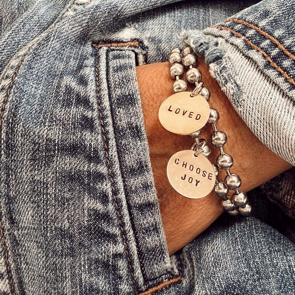 Mixed Metal Set - Hand Stamped LOVED Tag Bracelet & Choose JOY Tag Bracelet