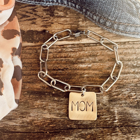 Mom Square Brass tag on a Stainless Steel Paper Clip chain bracelet