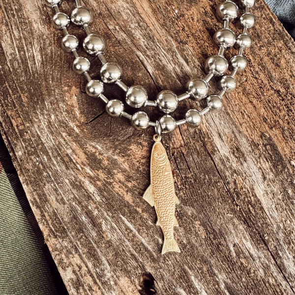 Stainless Steel Chunky Ball Chain Necklace Duo- One with a Brass Fish Charm