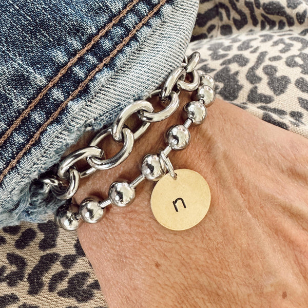 Polished Stainless Steel Ball Chain Bracelet with a Hand Stamped Lower Case Initial Coin Brass Charm