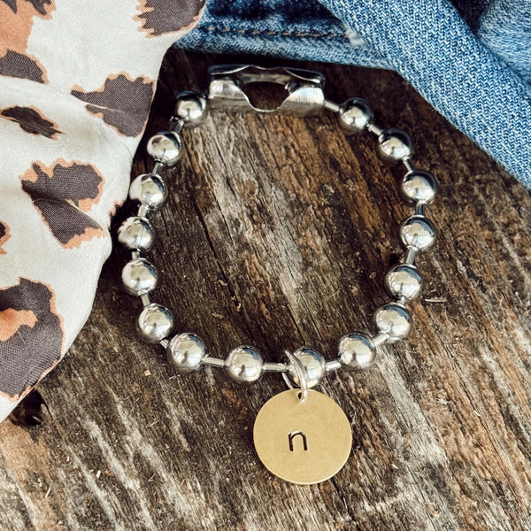 Polished Stainless Steel Ball Chain Bracelet with a Hand Stamped Lower Case Initial Coin Brass Charm