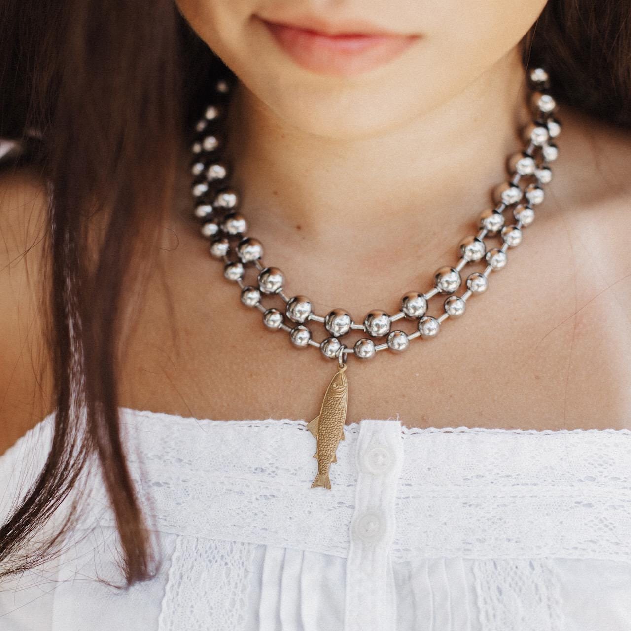 Stainless Steel Chunky Ball Chain Necklace Duo- One with a Brass Fish Charm