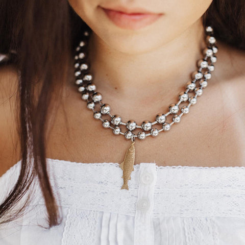 Stainless Steel Chunky Ball Chain Necklace Duo- One with a Brass Fish Charm