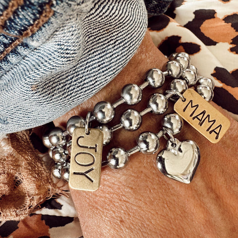 Stainless Steel and Brass Hand Stamped Set - Mama + Joy + Heart Charm