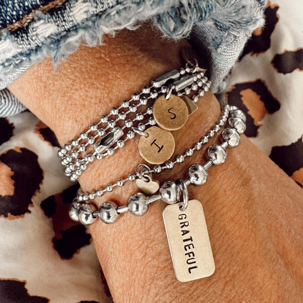 Mixed Metal / Stainless Steel and Brass Hand Stamped Bracelet Set - Grateful Brass Tag and Heart Charm bracelet - Grateful Heart Set