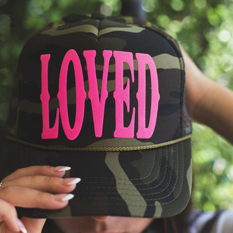 Hot Pink LOVED Camo Trucker Hat