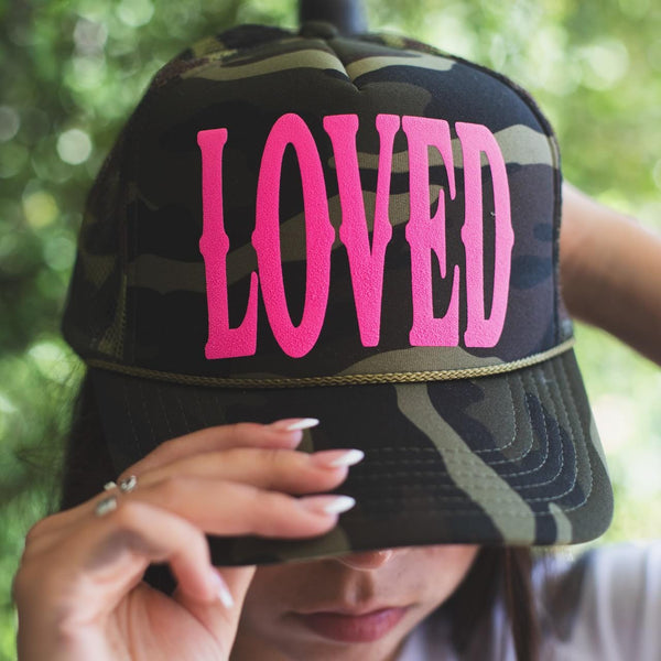 Hot Pink LOVED Camo Trucker Hat