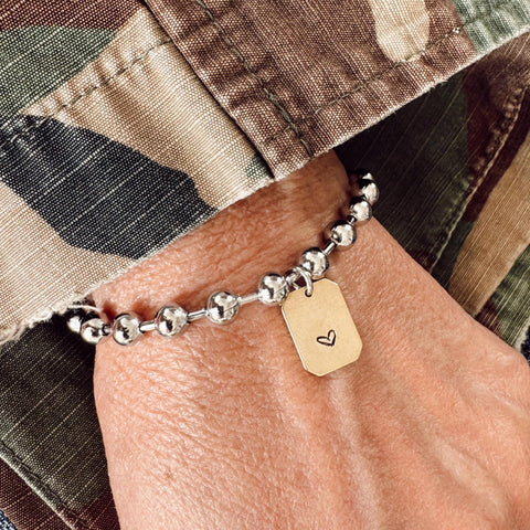 Stainless Steel Bead Ball Chain Bracelet with a Hand Stamped Heart Tag