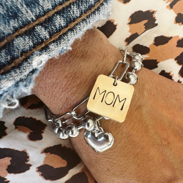 Mom Square Brass tag on a Stainless Steel Paper Clip chain bracelet