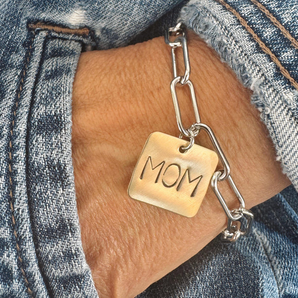 Mom Square Brass tag on a Stainless Steel Paper Clip chain bracelet