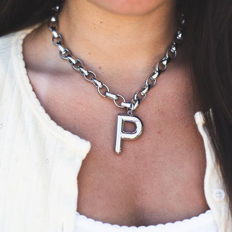 NEW - Stainless Steel Large Initial Necklace w/ our Chunky Stainless Steel Oval Link Chain Necklace - - Waterproof - Statement Necklace