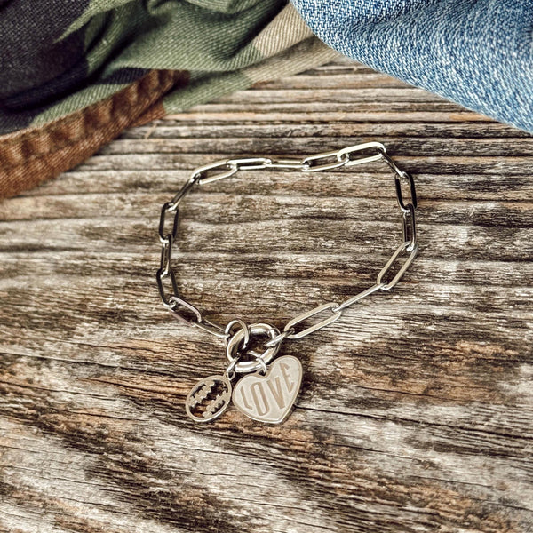 NEW - Stainless Steel Baseball & Love Charm bracelet - Polished and Shiny - Waterproof, all things proof - Football Mom - Sport Mom